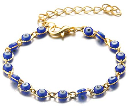 Halukakah Malocchio Bracciale per Donna Uomo,Oro Giallo Reale 24k/Placcato Platino Elastico Protezione Mal de Ojo Gioielli Occhio di Fiore Turchese/Cristallo/Agata Braccialetto con Pacco Regalo GRATUITA