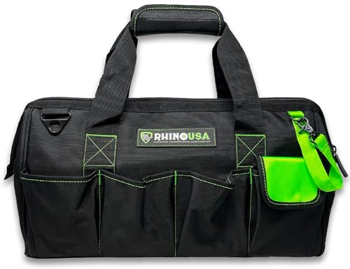 Rhino USA Bolsa de herramientas resistente - Bolsa de herramientas para hombre con apertura de 45 cm de ancho - Bolsas de herramientas grandes con bolsillos laterales correa de hombro reforzada