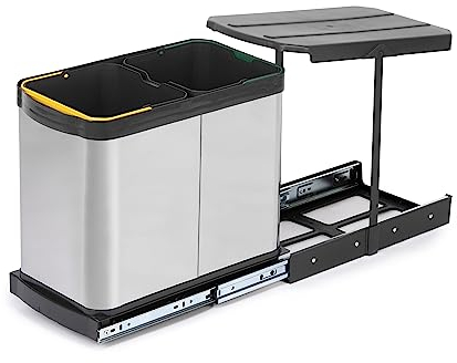 EMUCA - Contenedores de reciclaje Recycle Inox para cocina, Cubos de basura bajo fregadero 2 x 12 L, fijación inferior y extracción manual/automática.