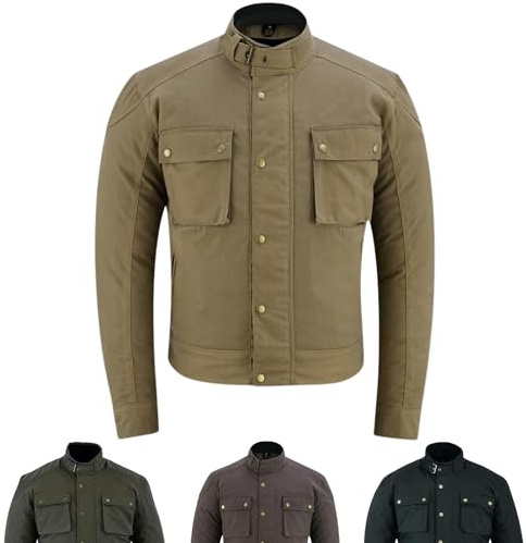 warrior gears Waxed Cotton Motorbike Jackets for Men, Short Body Waterproof Jacket, CE Armoured Motorcycle Jackets for Men, Mens Waxed Jackets Waterproof, Racer Jacket, Tan - L