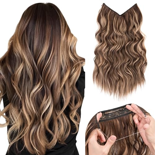 Silk-co Haarverlängerung mit Gummiband, Einstellbar Secrets Haarteil Synthetik, Extensions mit Schnur und Clips, Lange Gewellt Extensions für Frauen, 40cm Honigblond Gemischt Hellbraun