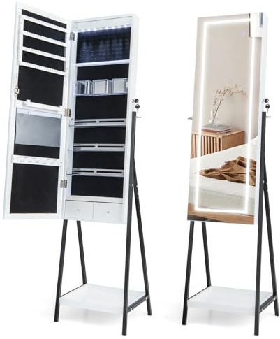 Multigot 3-Color LED Lights Jewellery Cabinet, Freestanding Jewelry Storage Armoire with Full-Length Mirror and Bottom Shelf, Lockable Cosmetic Cabinet Makeup Organizer Unit (White)