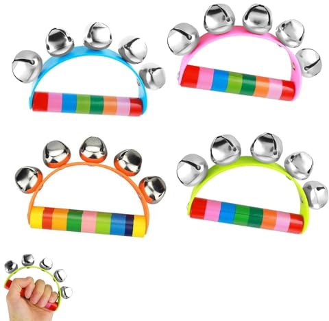 4 Pcs Half Moon Tambourine Handbell for Adults, 5 Bells Tambourine for Kids, Handheld Musical Instrument Shaking Small Jingle Bell Toy
