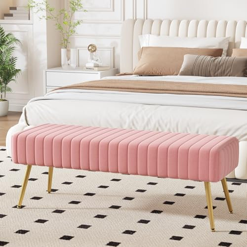 Ckaff Panca Fondo Letto, Panca Imbottita da Ingresso 113.5x36.5x43cm, Sgabello per Scarpe in Velluto Poggiapiedi Cassapanca con Gambe in Metallo per Camera da Letto Ingresso Corridoio Soggiorno, Rosa