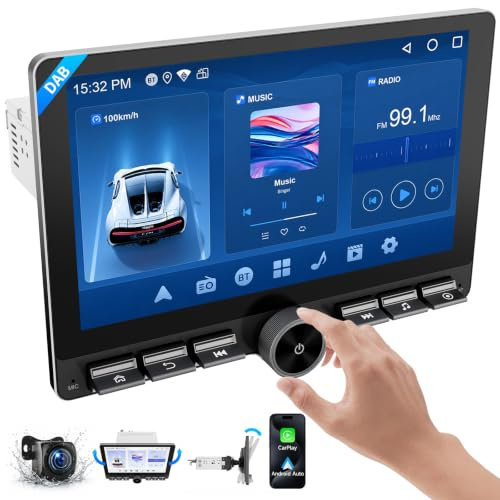 Haudio Radio Coche Dab con CarPlay y Android Auto Certificados, Pantalla IPS Extraíble 10,1, 1 DIN DSP, CPU 2,0GHz, Mirror Link, Control por Voz, FM/Am/RDS/USB con Cámara Trasera y Micrófono