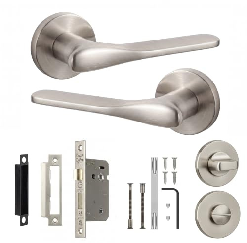 Decoranddecor Satin Nickel Door Handles Internal Bathroom Lock Set | CE marked, thumb turn locks from the inside, fits 35-45 mm doors, Bathroom Door Handles with Lock, Verita Range