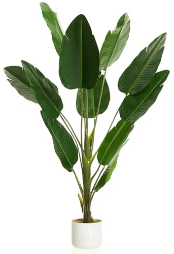 Tall Artificial Bird of Paradise Banana Leaf Plant with White Pot, Realistic Faux Palm Tree with 12 Leaves, Decorative Indoor Greenery for Living Room, Bedroom, or Office, 120cm