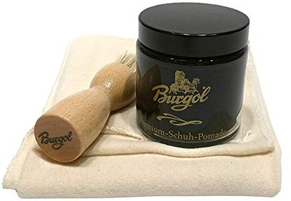 Schuhpflegeset mit Burgol - Schuhpomade Dunkelbraun Tiegelbürste zum Auftragen und Baumwolltuch