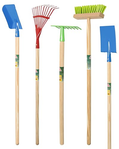 Agrarflora Kinder Gartengeräte Set 5 Teile - stabiles Gartenpielzeug aus Metall und Holz - kindergerechtes Gartenwerkzeug für Draußen - Rechen, Fächerbesen, Schaufel, Spaten und Besen
