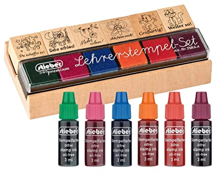 stieber® Lehrerstempel- 6er Set mit Holzhalter und Riegelkissen (Stempelset inkl. Nachtränkfarbe)