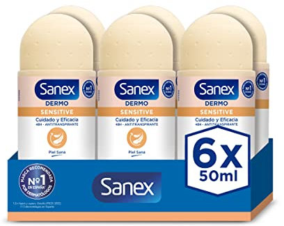 Sanex Dermo Sensitive Deodorante Roll-On, 6 pz x 50 ml, Anti-Traspirante, Fino a 48H Protezione contro il Sudore e l'Odore, Morbido con la Pelle Sensibile, Ripristina il pH Naturale della Pelle