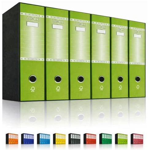 LogicaShop UBOX 6 Raccoglitori ad Anelli A4 Dorso 8 con Custodia Cartone, Formato Protocollo, Registratore con Meccanismo a Leva D, Raccoglitore con Scatola, Faldone Universale (Lime)