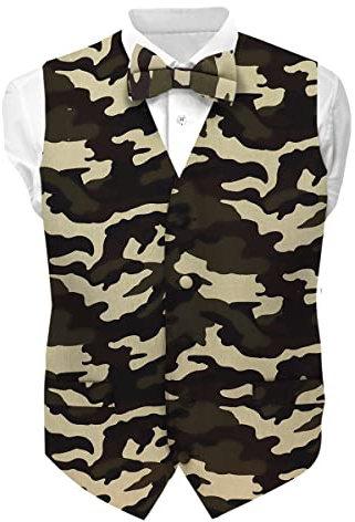 Vittorio Farina Men’s Vest & Bow Tie 2PC Set - African Kente& Animal Print Vest Set (Camo, L)