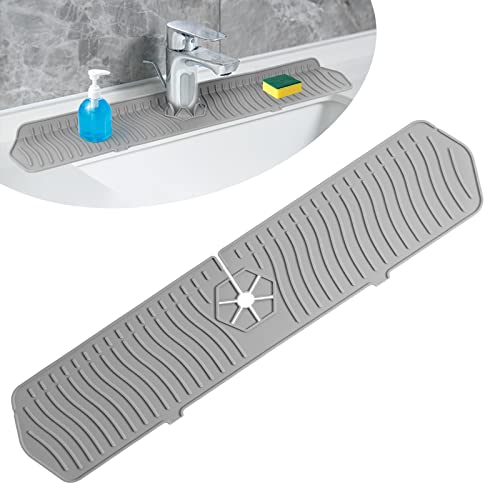 Longer Sink Splash Guard Mat 24 inch, Silicone Faucet Handle Drip Catcher Tray, Longer Silicone Sink Mat for KitchenBathroom, Drip Protector Splash Countertop (Grey)