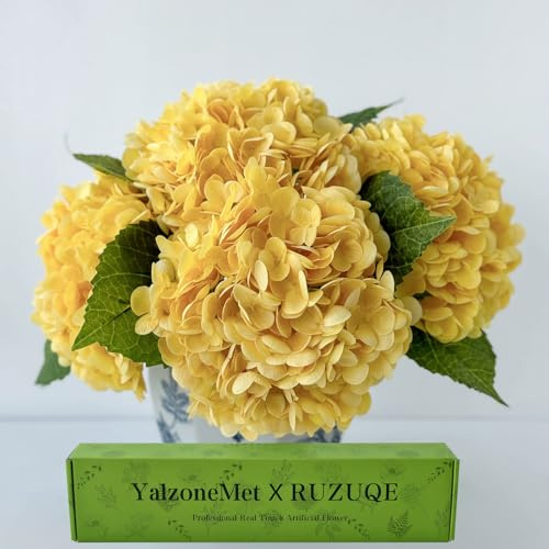 YalzoneMet Künstliche Blumen, Hortensien, Gelb, 3 Stück, natürliche lebensechte Latex-Haptik, Kunstblumen, 53.3 cm lange Stange, Hortensien für Zuhause, Party, Weihnachtsdekoration, Tischdekoration