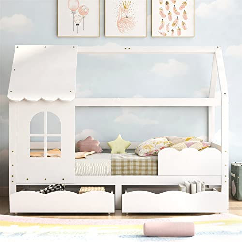 HUMNZR Hausbett, vielseitiges Holz Kinderbett für Jungen & Mädchen, mit Rausfallschutz Fenster und Lattenrost, Weiß