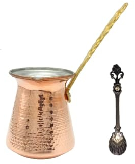 LEO Design Caffettiera turca in 5 misure, con piano cottura greco e arabo, spessore 3 mm, in rame martellato massiccio inciso a mano, con manico lungo in ottone, per 2-8 tazze (5 tazze/380 ml)