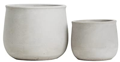 Olly & Rose Mykonos Keramik-Pflanzgefäß-Set 2 Innen-Pflanzgefäße 17cm + 12cm - Natürliches Helles Grau - Outdoor-Blumentöpfe Zement-Pflanzgefäße Groß und Klein
