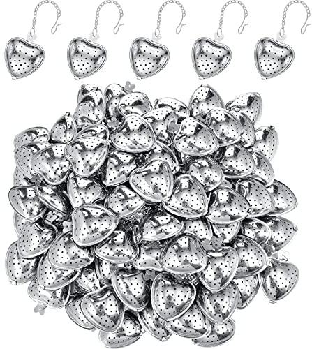 Sumind 100 Pcs Tea Strainer Stainless Steel Tea Ball Infuser Loose Leaf Tea Steeper Tea Interval Diffuser Heart Shape Mesh Tea Filters with Extended Chain Hook for Seasonings Cup Bottle (Silver)