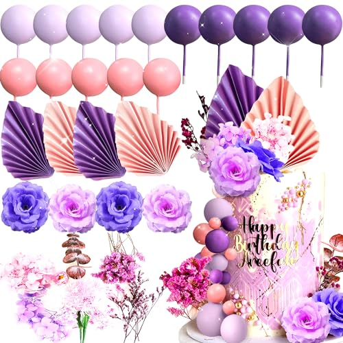 JeVenis Lila Rose Tortendeko Mit Rosen, Blumen, Goldenen Kugeln - Hochzeit Cupcake Topper