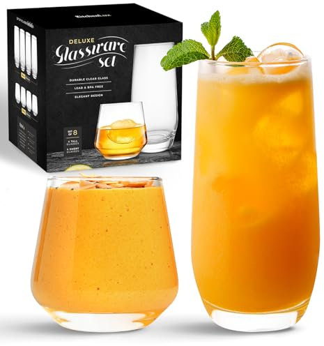 Kitchen Lux Drinking Glasses Set of 8 - Highball Tumbler & Rocks Drinkware