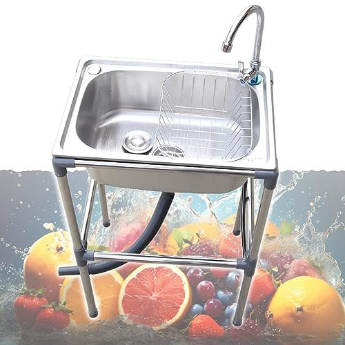 HCZION Spültisch Innen Edelstahlspüle 1 Becken Spülbecken Küche Waschbecken, Außenbereich Waschküche Werkstatt Spüle, Camping Handwaschbecken (Color : Cold+Hot, Size : 60x45cm/23.6x17.7in)
