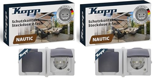 Kopp Nautic 2-Fach Aufputz-Steckdose für Feuchtraum, Klapp-Deckel & Berührungsschutz, Schutzkontakt 16 A / 250 V / IP44, Grau - 137056002 (Packung mit 2)