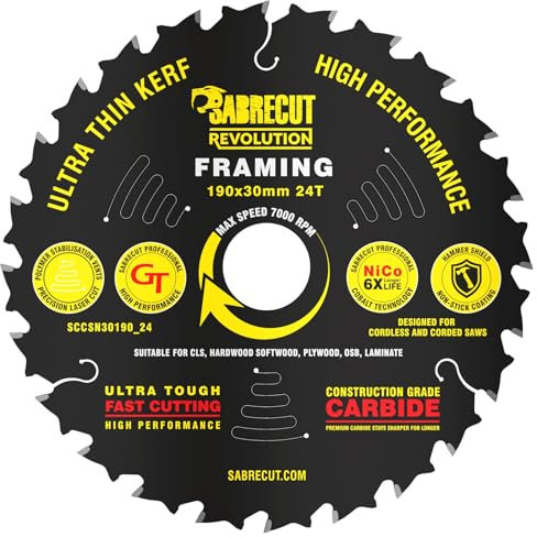 1 x SCCSN30190_24 SabreCut 190mm 24T x 30mm Foro Ad alte prestazioni Kerf ultra sottile Legno compensato MDF Truciolato Lama per sega circolare
