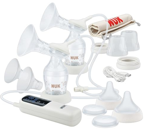 NUK Soft & Easy Double Electric Breast Pump | 100% Silicone Soft Cups | Small, Lightweight & Quiet | Rechargeable Battery for Travel | 24mm & 27mm Cups | 2 x Perfect Match Baby Bottles