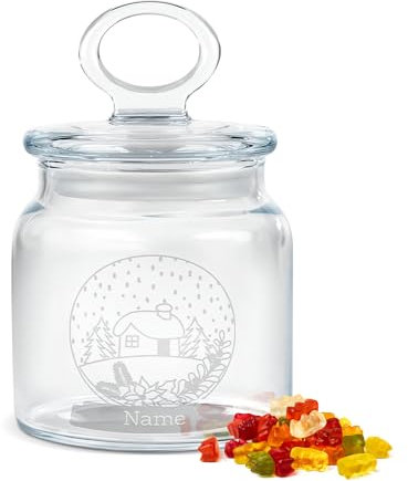 PR Print Royal Personalisierte Keksdose aus Glas mit Gravur - 550 ml - Motiv Schneekugel mit Name als Geschenk zu Weihnachten für Freunde, Kollegen und Familie, Personalisiertes Geschenk