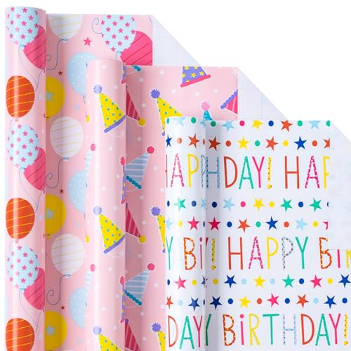 Holijolly Rotolo di carta da regalo per compleanno - rotolo di carta da regalo - Gelato/Ballon / Happy Birthday Lettering per confezione regalo - 43,2 CM×3 M - 3 rotoli (42,5 sq.ft.ttl.)