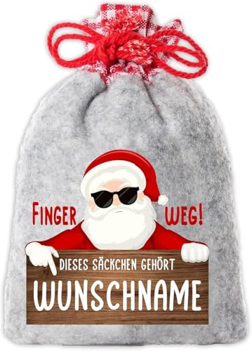 Lustiges Nikolaussäckchen/Weihnachtssäckchen personalisiert mit Wunsch-Namen und Finger-Weg-Motiv. Größe 12 x 20 cm