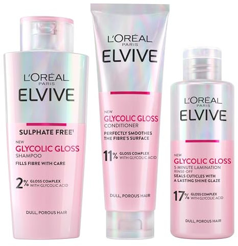 L'Oréal Paris Elvive Glycolic Gloss Shampoo and Conditioner Set for Dull Porous Hair, Get The Shiniest Hair of Your Life, Glossing Routine for Mirror-Like Shine