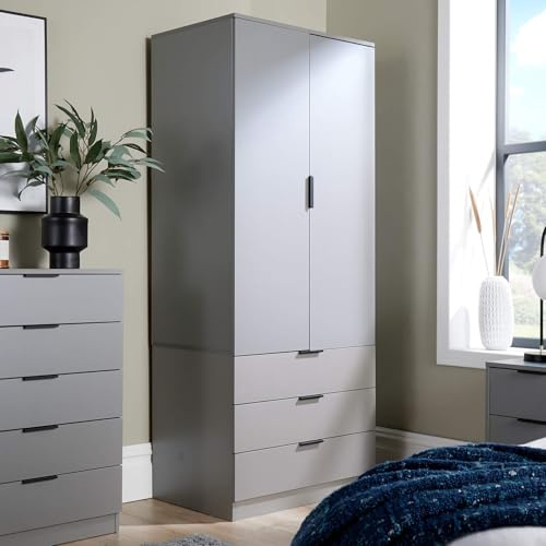 Home Source Phoenix Wardrobe with 2 Doors & 3 Drawers | 181cm Tall Grey| Hanging Rail & Storage Shelf | Contemporary Bedroom Furniture | 50D x 75W x 181H cm