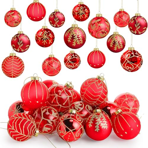 Liliful 24 Stück rote Glas-Weihnachtskugeln, 6,9 cm, Glas-Weihnachtsbaumschmuck, hängende Kugeln, Ornamente, Dekoration für Bäume, Weihnachten, Urlaub, Party, Dekoration, Geschenk