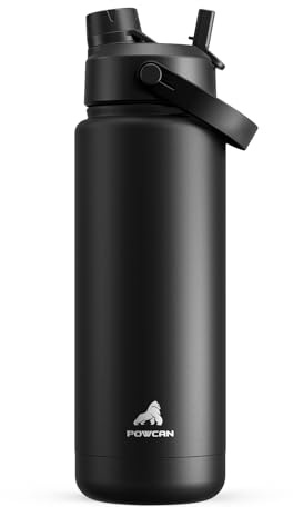 POWCAN 32 oz Insulated Water Bottle with 2-in-1 Straw and Spout Lid, Keep Cold 24H, Leak-Proof, BPA-Free, Double Wall Stainless Steel Water Bottle for Sports, Gym, Travel, and School (Dark Knight)