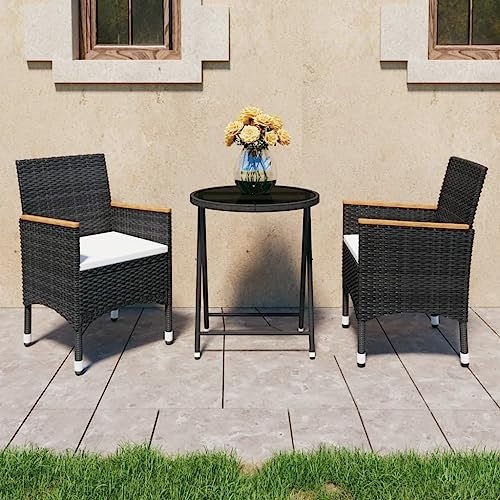 KATERYY 3-TLG. Bistro-Set Poly Rattan und Hartglas Schwarz,Exklusives 3teiliges Gartentisch Set aus Rattan Schwarz Balkon, Hinterhof, Veranda