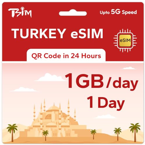 TSIM Prepaid Türkei eSIM für Reisen | 01 Tage 1 GB/Tag 5G Geschwindigkeit | Hotspot erlaubt | eSIM QR-Code per E-Mail innerhalb von 24 Stunden nach Versand gesendet | QR-Code scannen und sofort