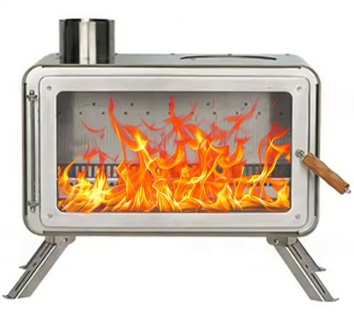 Poêle à Bois, Poêle De Tente De Camping Portable avec 6 Tuyaux De Cheminée, Fenêtre De Visualisation en Vitrocéramique Et Poignée Anti-brûlure, Chauffage De Cuisinière en Acier Au Carbone pour