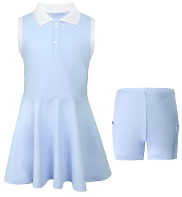 SPFASZEIV Vestito da Tennis per Ragazze con Tasche Separate per Pantaloncini Abito Sportivo da Golf Senza Maniche Polo Tennis Dress 9-10 Anni Blu