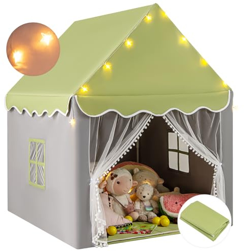 HOMASIS Kinderzelt für Indoor, Spielhaus mit Matte & Sternlichtern & Fenstern & doppeltem Vorhang, Kinder Spielzelt Prinzessin Kinderspielzelt Bettzelt für Mädchen & Jungen (Grün, Warmes Licht)