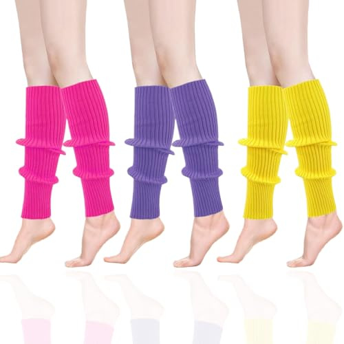 CJQRL 3 Paia Scaldamuscoli Donna, Scaldamuscoli Neon, Maglia Leg Warmers, al Neon Calze al, per Costumi anni '80 e '90 per Feste a Tema, Carnevale, per Ballare(Viola Chiaro/Rosa Rossa/Giallo)