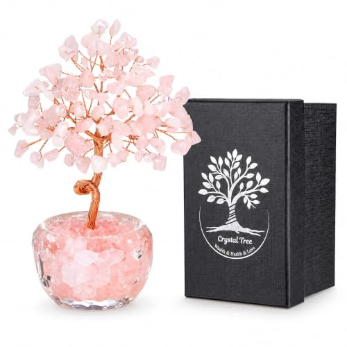 CrystalTears Rose Quartz Crystal Tree, Handmade Gemstone Tree of Life, Pink Healing Gemstone Bonsai Tree Ornament for Home Office Desk Decor, Spiritual Birthday Gifts for Women Men Housewarming