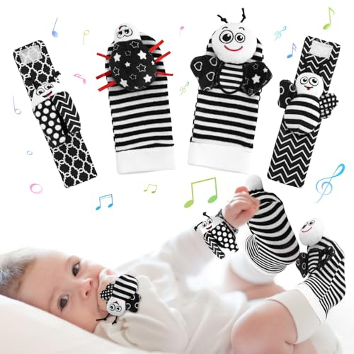 Kaisibum 4Pcs Babyspielzeug Baby Rassel Socken mit Handgelenkriemen, Weiches Schwarz Weißes Rasselspielzeug mit Bienen Marienkäfer, Neugeborenen Fußfindersocken Handgelenkrasseln für Baby 0-12 Monate