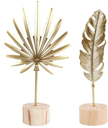 2 pièces Décorateur Fleur Déco Métal, Plume Créatives Motif Statue Déco, Or Sculpture Feuille Moderne, Sculpture Moderne avec Socle en Bois, Statue Decoration Interieur, pour Salon, Chambre, Bureau