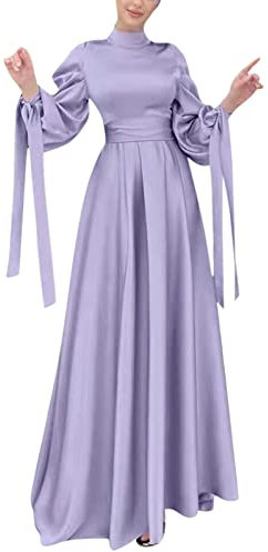 Robe de fête à manches longues pour femme - Caftan arabe musulman - Robe de fête à manches longues - Couleur unie - Décontractée - Lanterne - Robe festive - Robe décontractée à manches longues, lilas,
