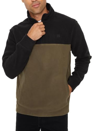 Threadbare 'Wham' Mens Two Tone Colourblock Quarter Zip Microfleece Sweatshirt Jumper, Black/Khaki, M