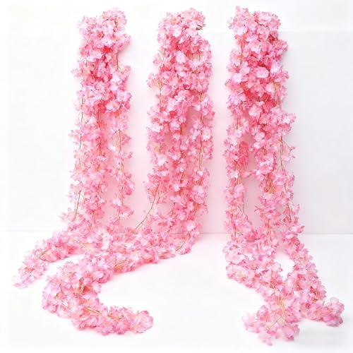 3Pcs Cherry Blossom Artificial Flowers, Artificial Plant Rattan Flower Garland 1.8m, Hanging Vine Flower Wall for Wall Decor Garden Auditorium Decoration Wedding Party Decor (Pink)