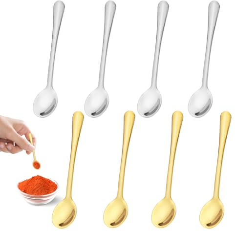 FunWorth 8-Pack Mini Stainless Steel Spoons for Spice Jars, 7.5cm Tiny Salt & Protein Scoops, Small Kitchen Utensils for Spices, Supplements, Honey, Coffee, (Gold and Silver)