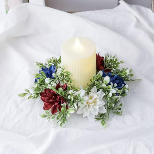 4PCS Small Wreath Red White & Blue Dahlia Floral Candle Rings, Patriot July 4th Mini Wreaths, Flower Candle Wreaths Rings 3 inch Center for Pillars Tabletop Decor